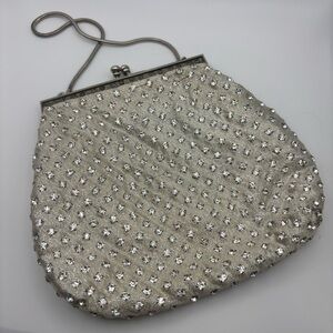 Vintage Jeweled Evening Bag with Kiss-Lock Closure and Silver-Tone Hardware